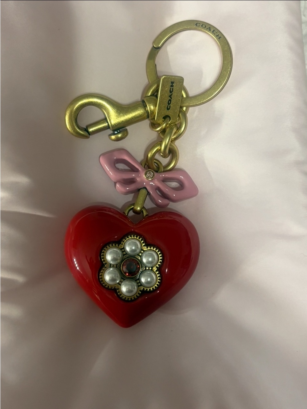 Coach Red Heart Key Charm with Pink Bow and Pearl Flower